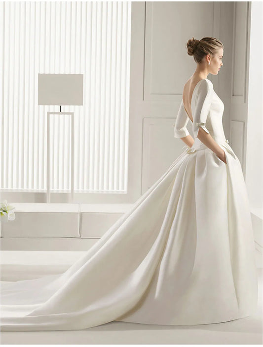 Elegant Red A-Line Classic-Neck Classic-Sleeve Classic-Back Floor-Length Wedding Dress