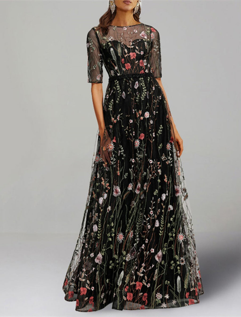 Floral Dress Formal Wedding Guest Floor Length Half Sleeve Jewel Neck Charmeuse with Floral Print Embroidery