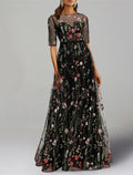 Floral Dress Formal Wedding Guest Floor Length Half Sleeve Jewel Neck Charmeuse with Floral Print Embroidery