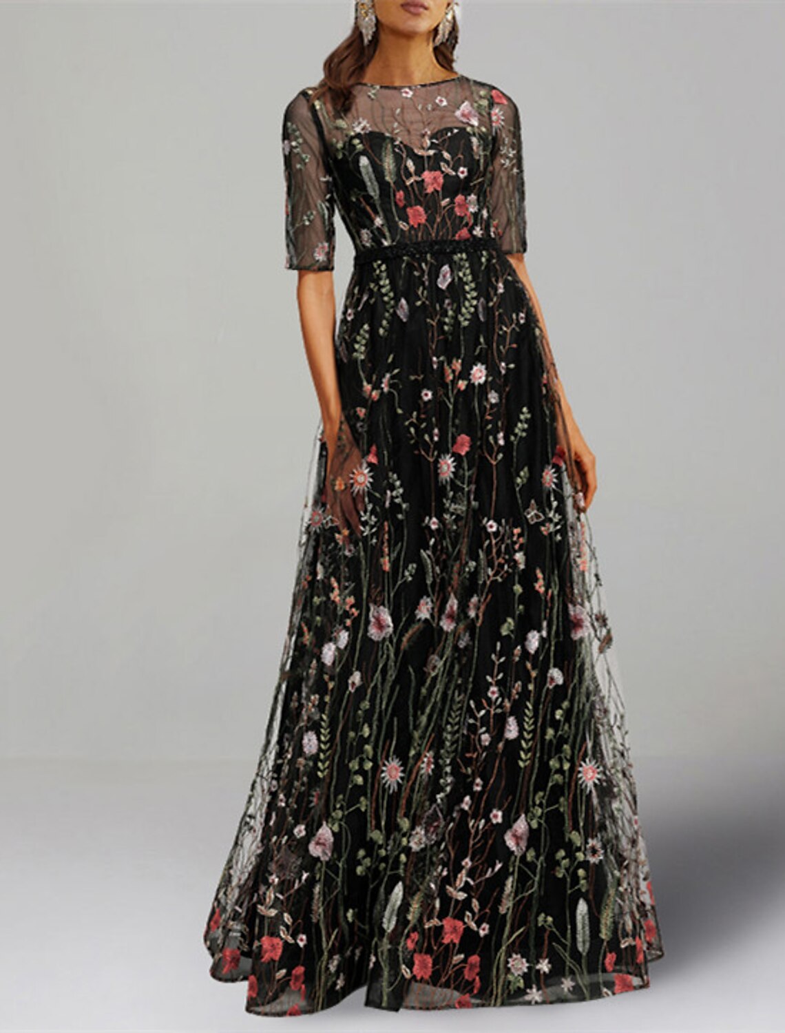 Floral Dress Formal Wedding Guest Floor Length Half Sleeve Jewel Neck Charmeuse with Floral Print Embroidery