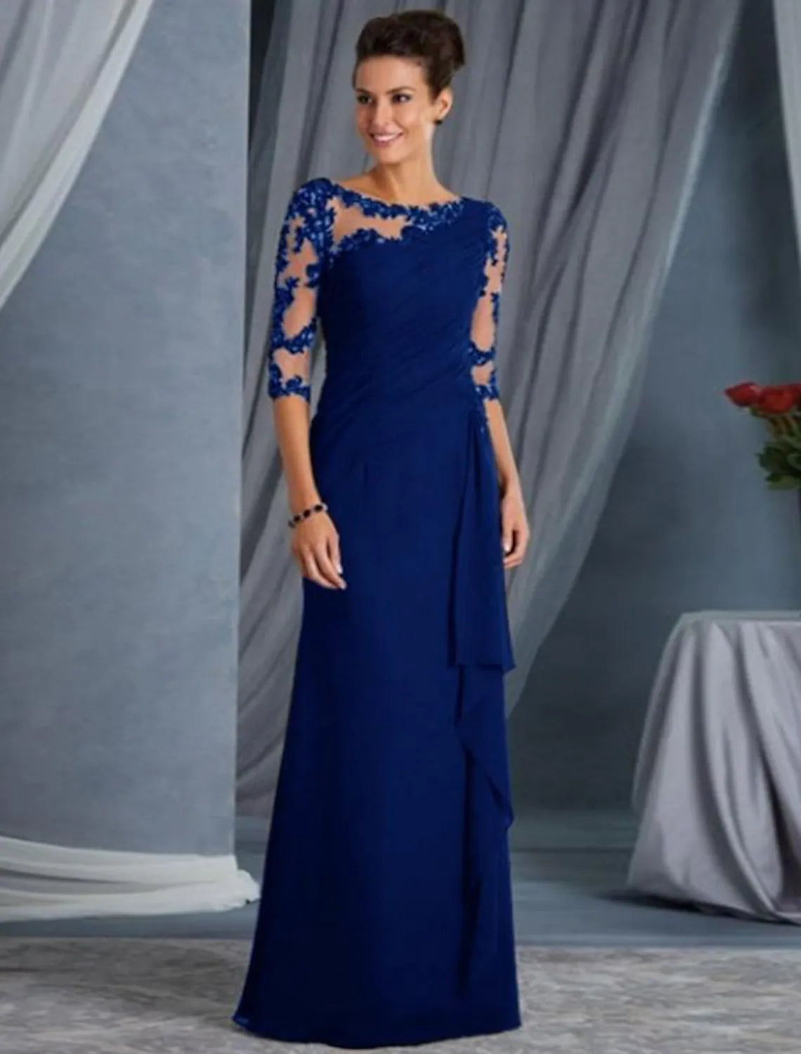 Evening Gown Elegant Dress Wedding Guest Floor Length Half Sleeve Appliques