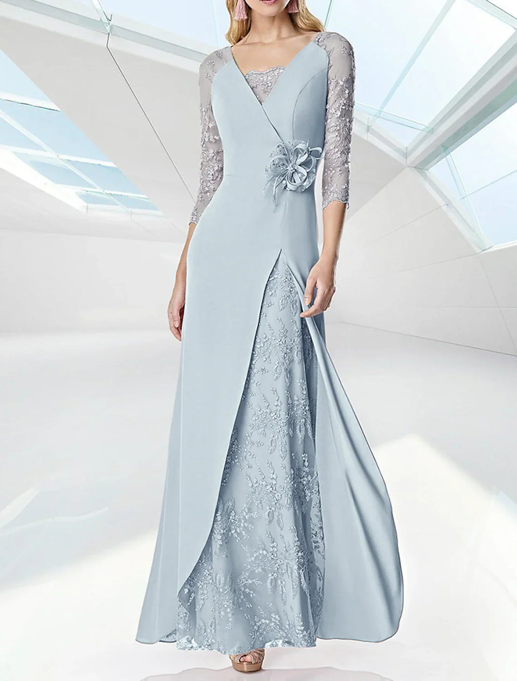 Evening Gown Elegant Dress Formal Floor Length 3/4 Length Sleeve V Neck Fall Wedding Guest with Embroidery