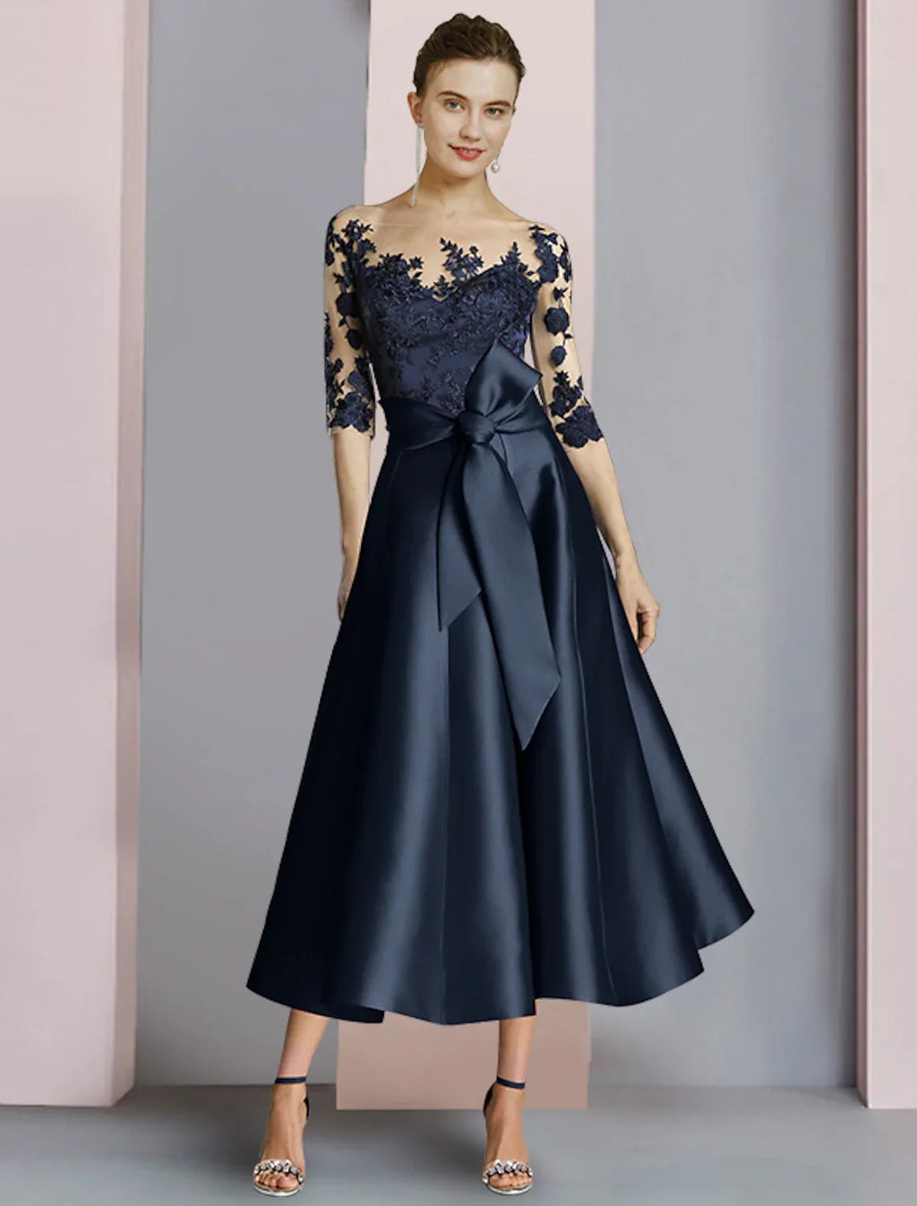 Sheath / Column Mother of the Bride Dress Fall Wedding Guest Party Elegant Scoop Neck Ankle Length Half Sleeve with Bow(s) Pleats