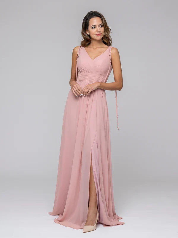 Tassel Straps V Neck Bridesmaid Dresses With Slit Skirt
