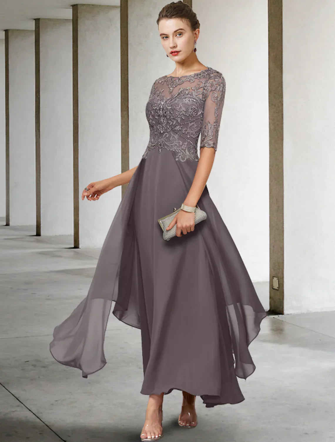 Mother of the Bride Dress Formal Wedding Elegant Asymmetrical Ankle Length Half Sleeve No Beading Appliques