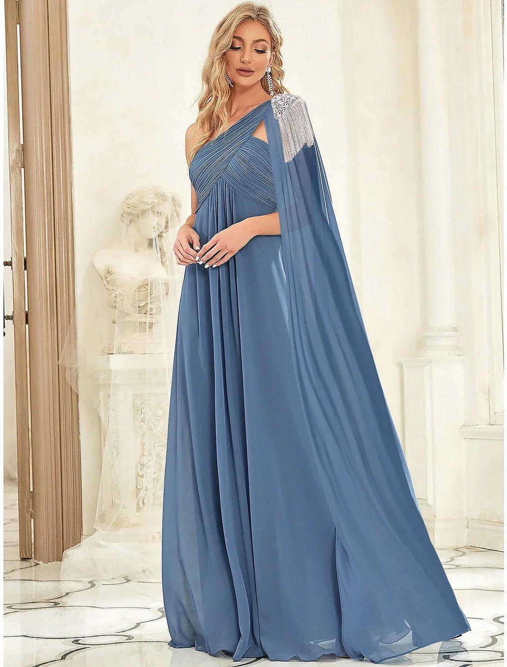 Evening Gown Empire Dress Wedding Guest Floor Length Sleeveless One Shoulder with Crystals Shouder Flower Shawl