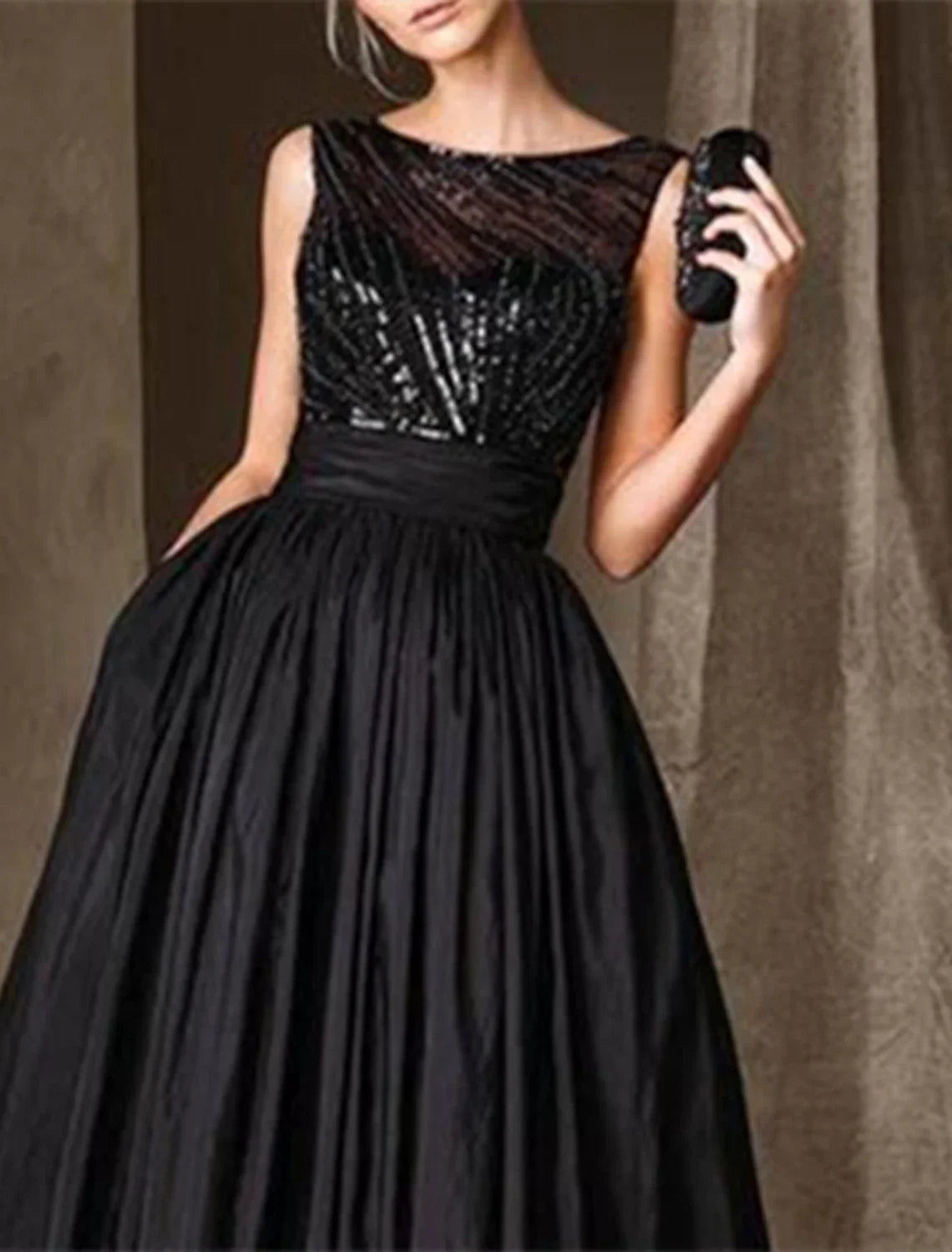 Mother of the Bride Dress Wedding Guest Elegant Sparkle & Shine Jewel Neck Floor Length Taffeta Sleeveless with Pleats