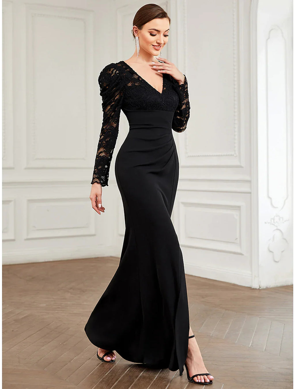 Evening Gown Vintage Dress Formal Floor Length Long Sleeve V Neck