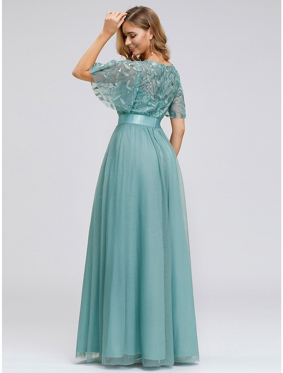 Wedding Guest Floor Length Short Sleeve with Appliques