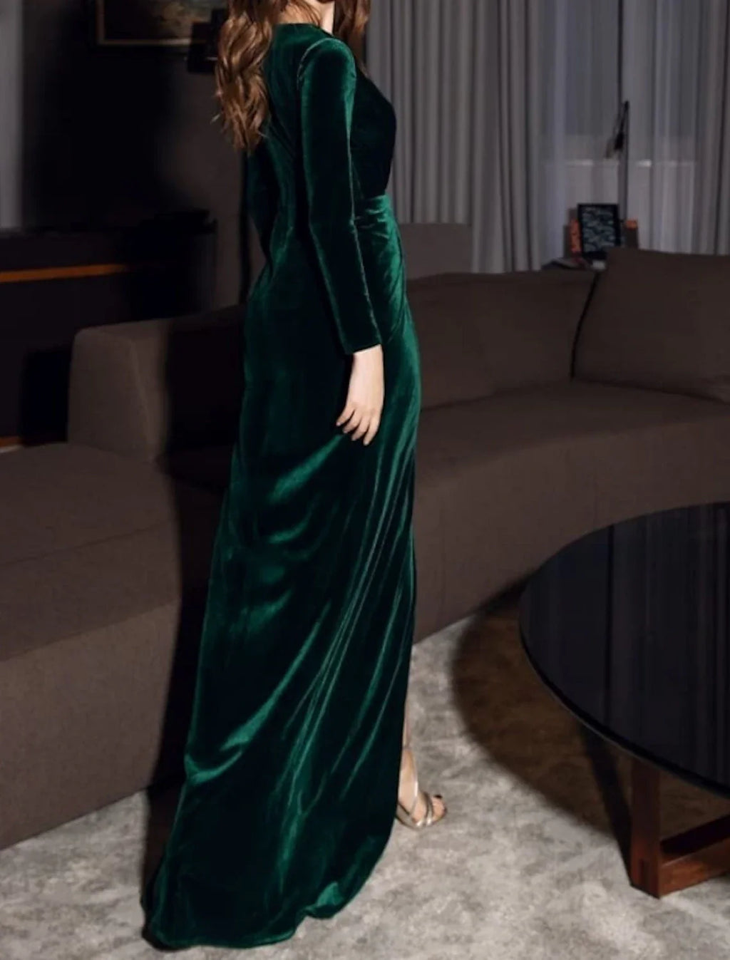 Green Sheath / Column Evening Gown Vintage Dress Christmas Red Dress Formal Evening Floor Length Long Sleeve V Neck Fall Wedding Guest with Draping Slit