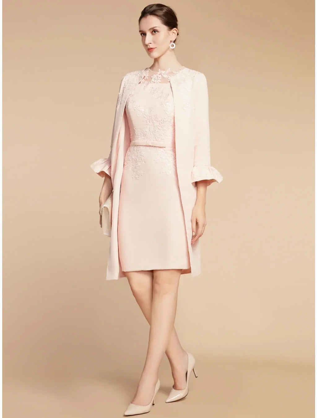 Two Piece A-Line Mother of the Bride Dress Wedding Guest Elegant Petite Jewel Neck Short / Mini Fabric 3/4 Length Sleeve with Bow(s) Ruffles Solid Color