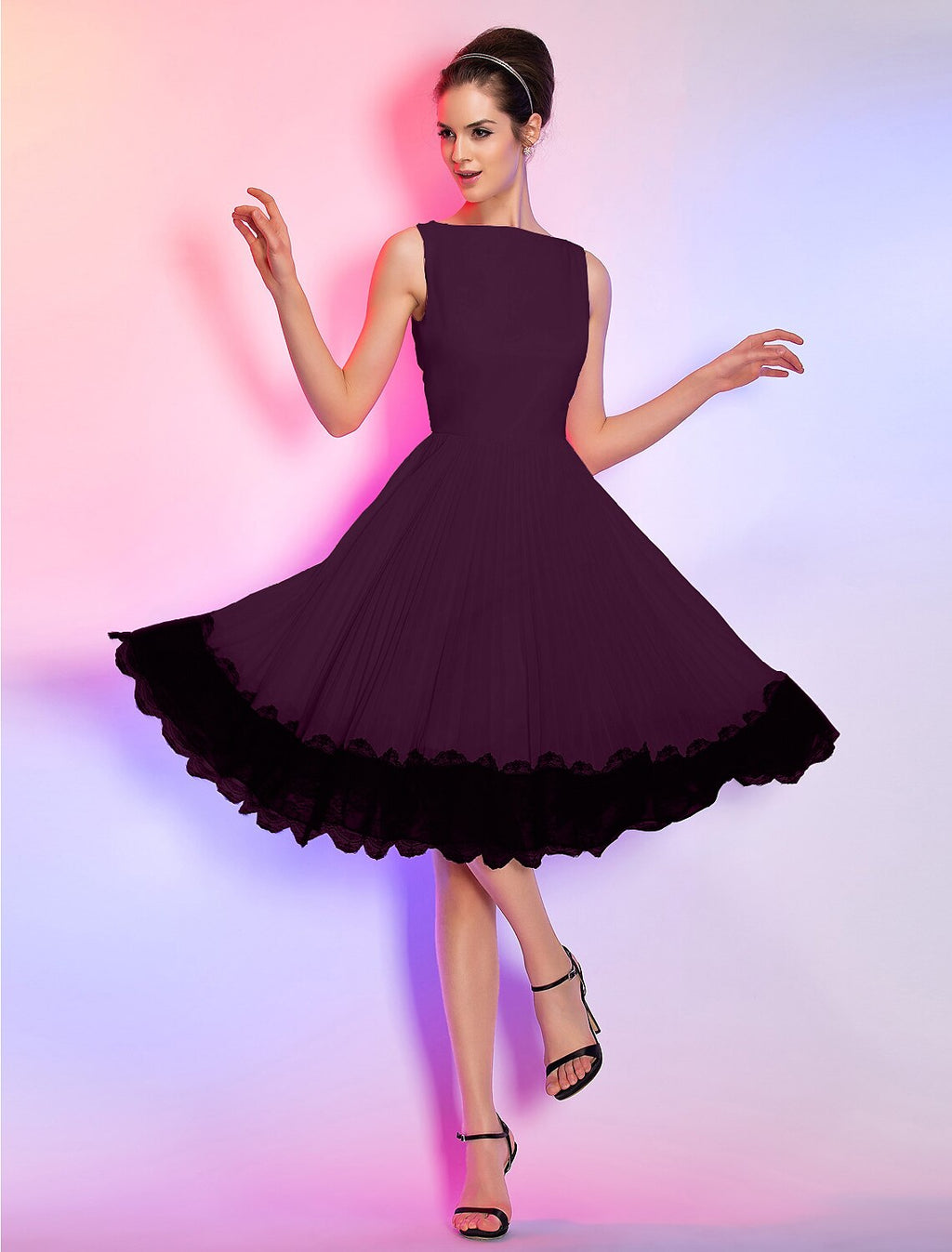 Pink Vintage Dress Homecoming Graduation Knee Length Sleeveless Boat Neck Dress