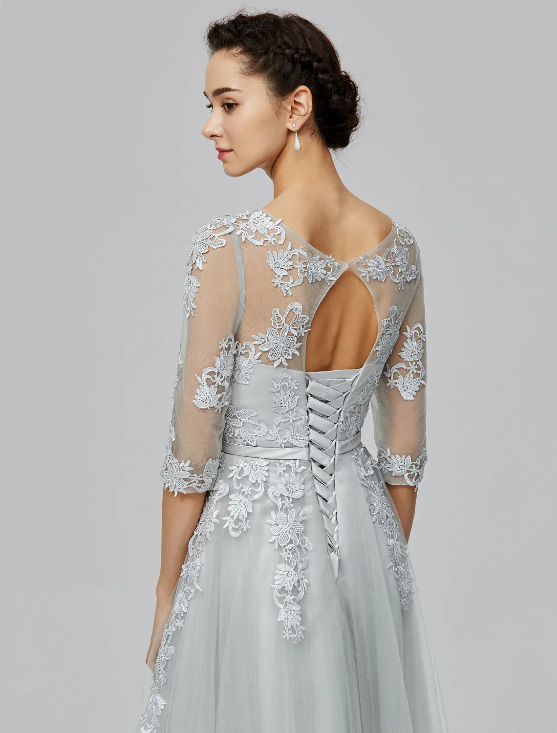 Empire Dress Wedding Guest Prom Floor Length Half Sleeve Illusion Neck with Bow(s) Appliques
