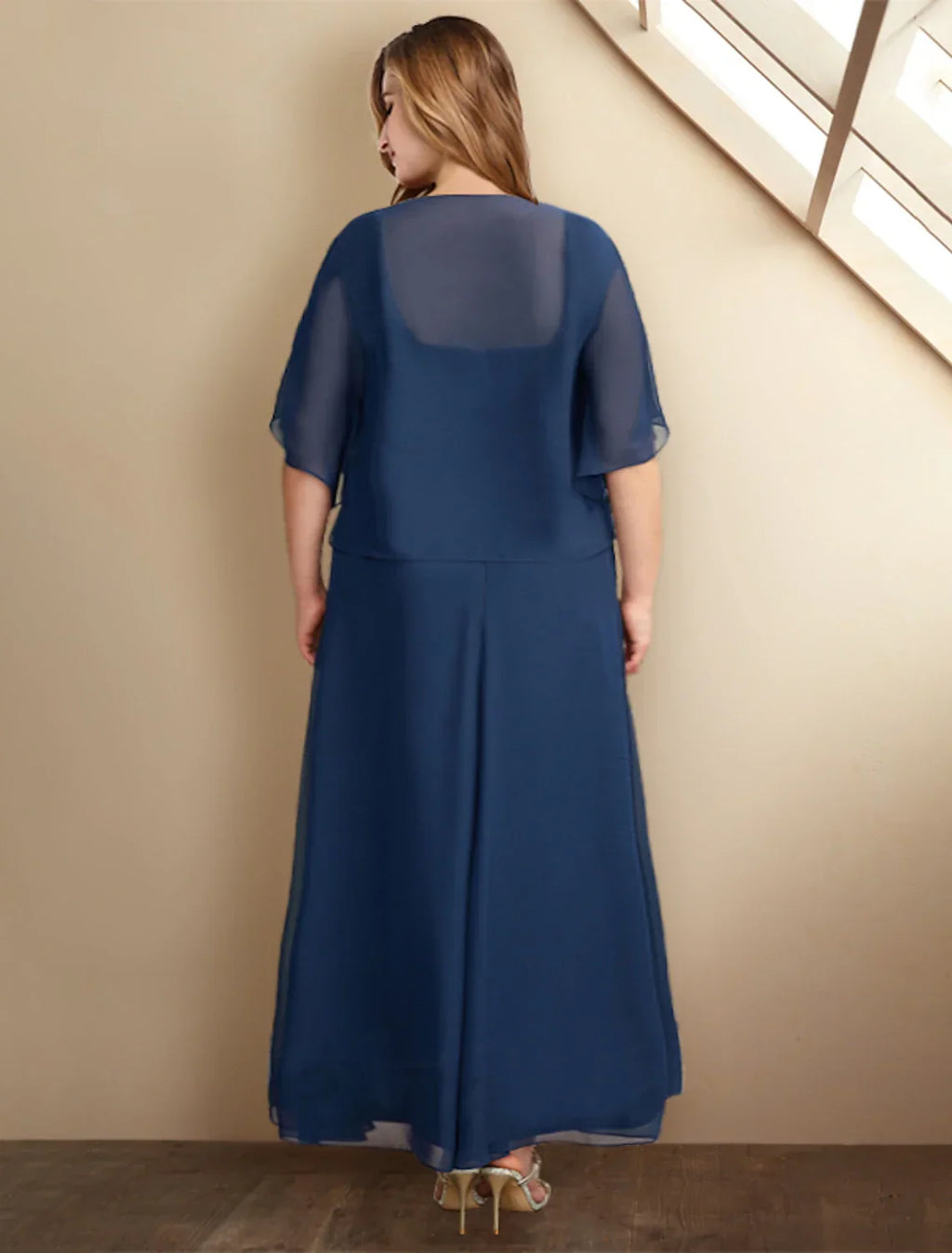 Two Piece A-Line Mother of the Bride Dresses Plus Size Hide Belly Curve Elegant Dress Formal Asymmetrical Half Sleeve Square Neck with Pleats Appliques
