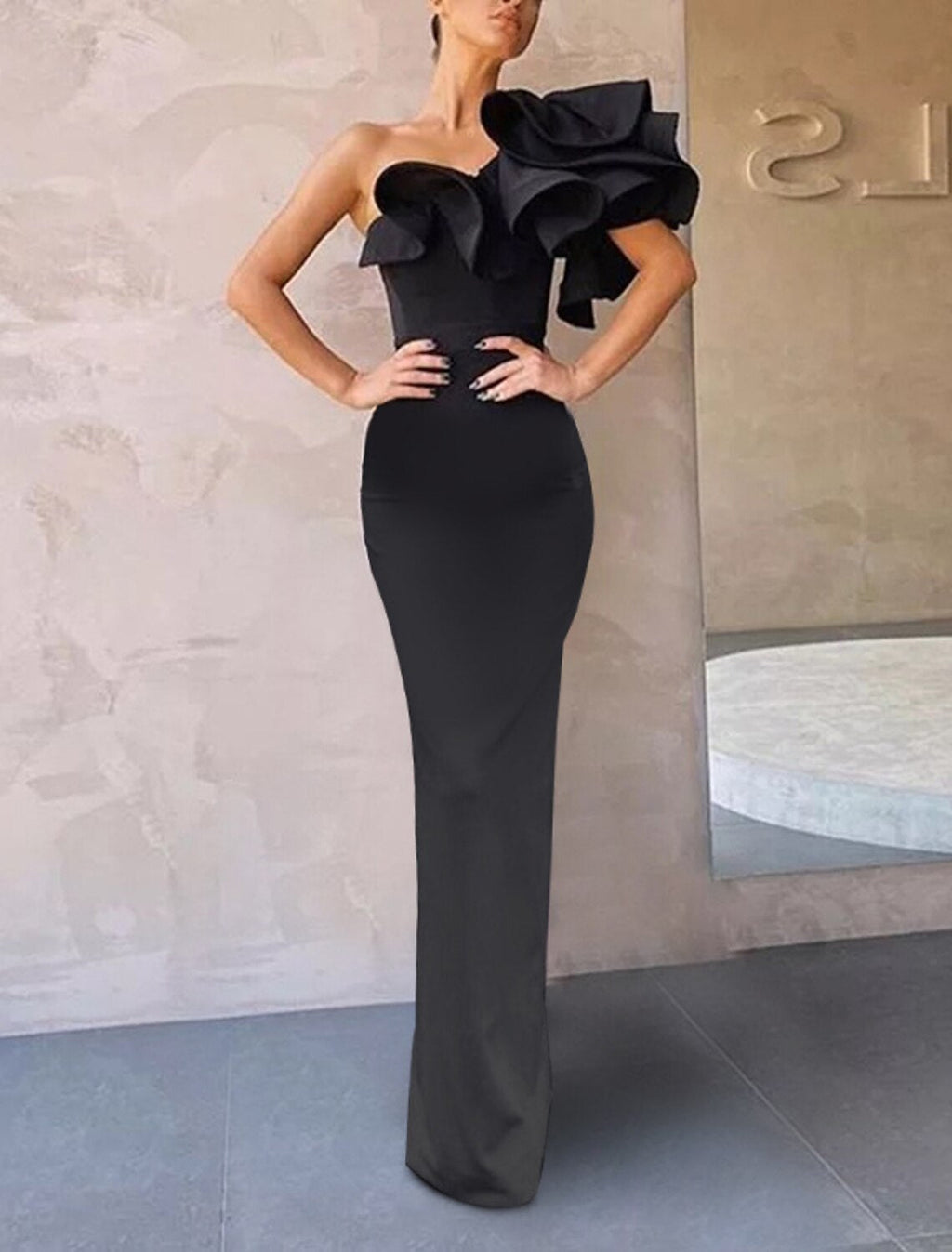 Mermaid / Trumpet Evening Gown Celebrity Style Dress Formal Wedding Guest Floor Length Sleeveless One Shoulder Fabric with Ruffles
