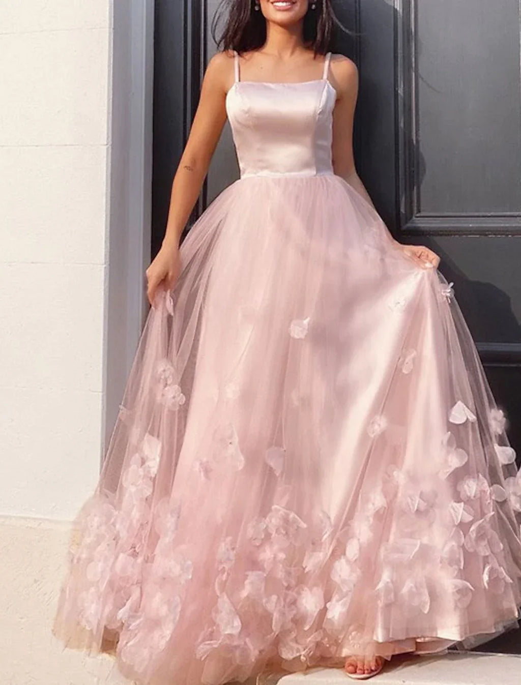 Floral Dress Performance Floor Length Sleeveless Spaghetti Strap with Pleats Appliques