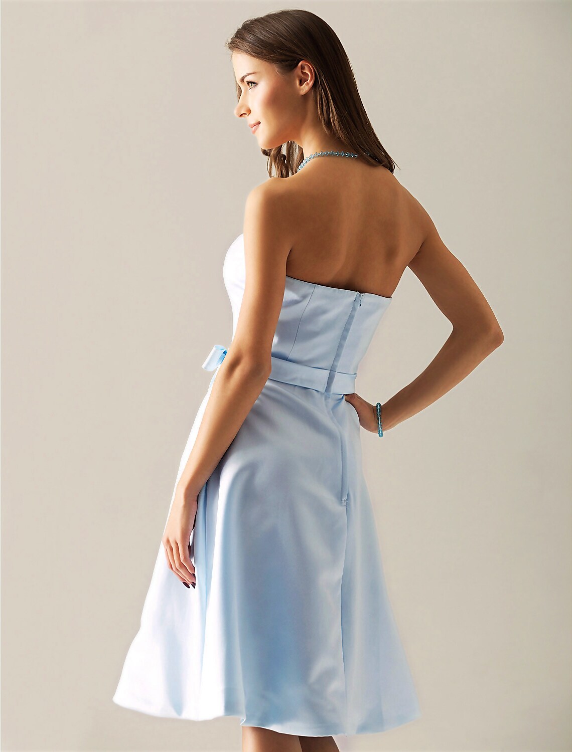 Bridesmaid Dress Strapless Sleeveless Elegant Knee Length Sash Ribbon Bow