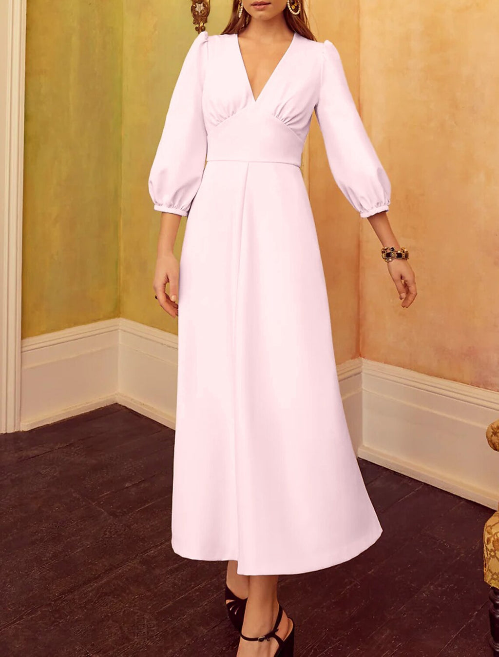 Mother of the Bride Dress Formal Wedding Guest Elegant V Neck Tea Length 3/4 Length Sleeve with Solid Color