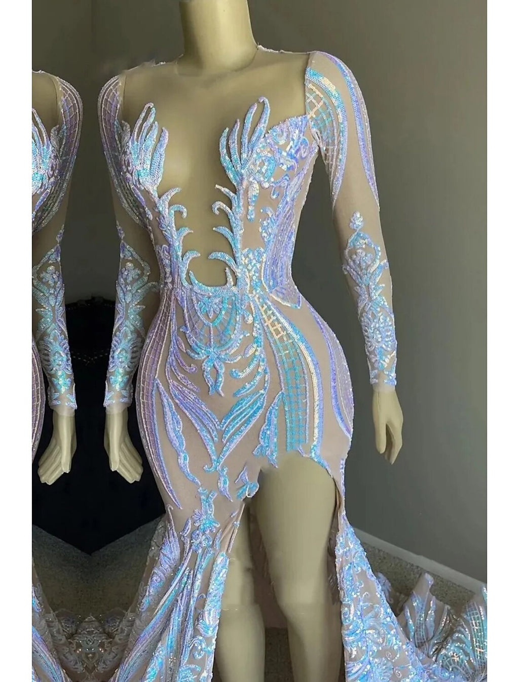 Evening Gown Floral Dress Formal Chapel Train Long Sleeve V Neck Backless with Slit