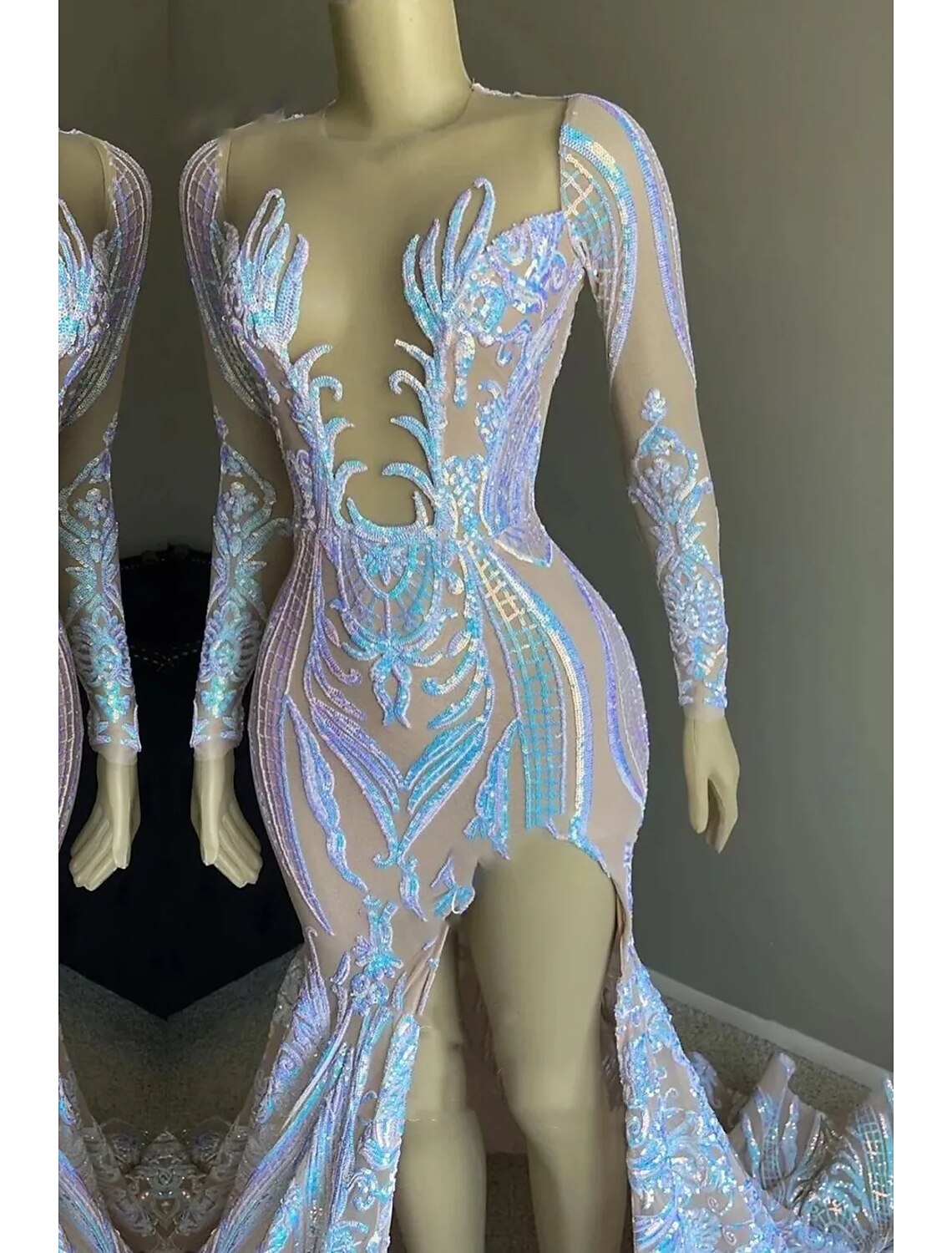 Evening Gown Floral Dress Formal Chapel Train Long Sleeve V Neck Backless with Slit
