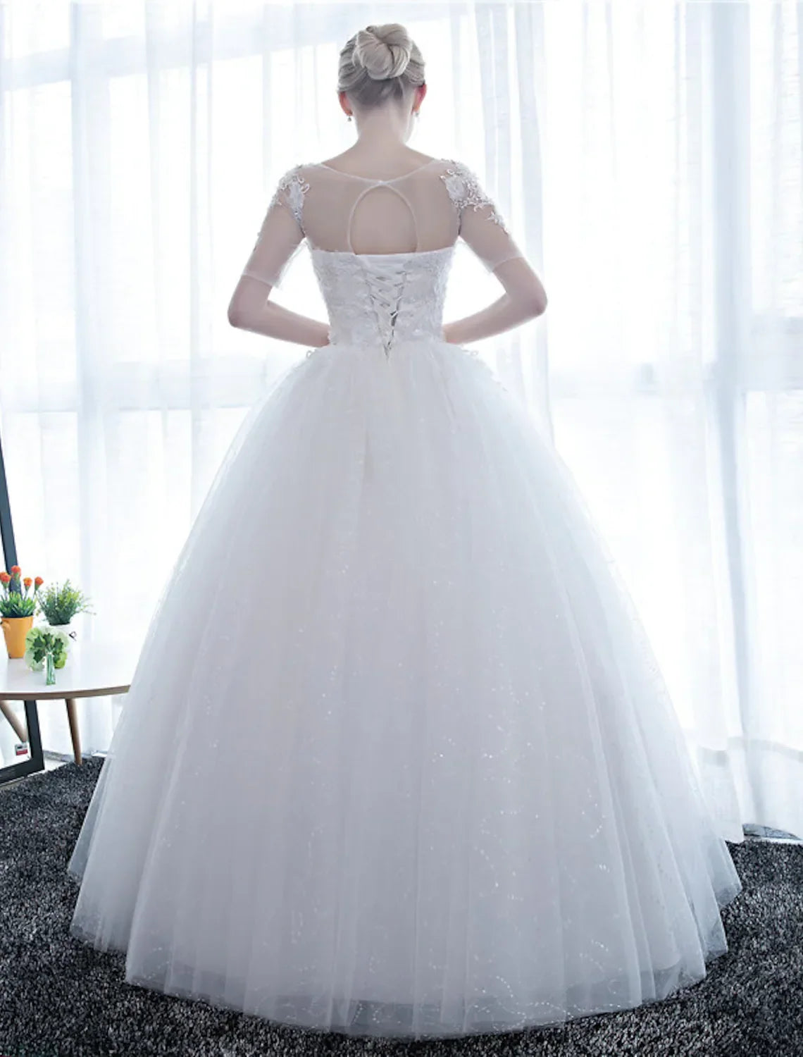 Engagement Open Back Formal Wedding Dresses Floor Length Ball Gown Half Sleeve Scoop Neck