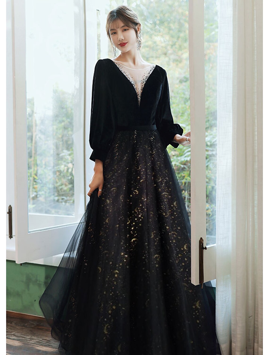 Evening Gown Dress Wedding Floor Length Long Sleeve V Neck with Crystals