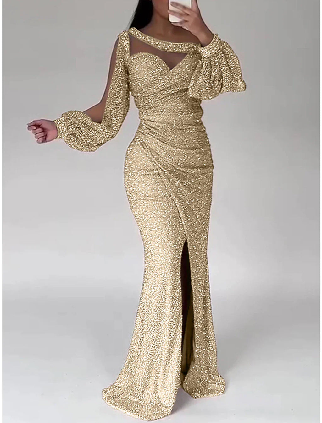 Green Mermaid Dress Evening Gown Christmas Red Dress Formal Sweep / Brush Train Long Sleeve Scoop Neck with Glitter Ruched Slit