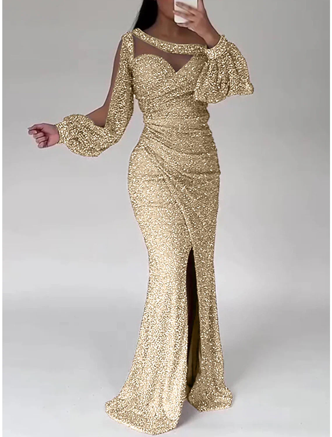 Green Mermaid Dress Evening Gown Christmas Red Dress Formal Sweep / Brush Train Long Sleeve Scoop Neck with Glitter Ruched Slit