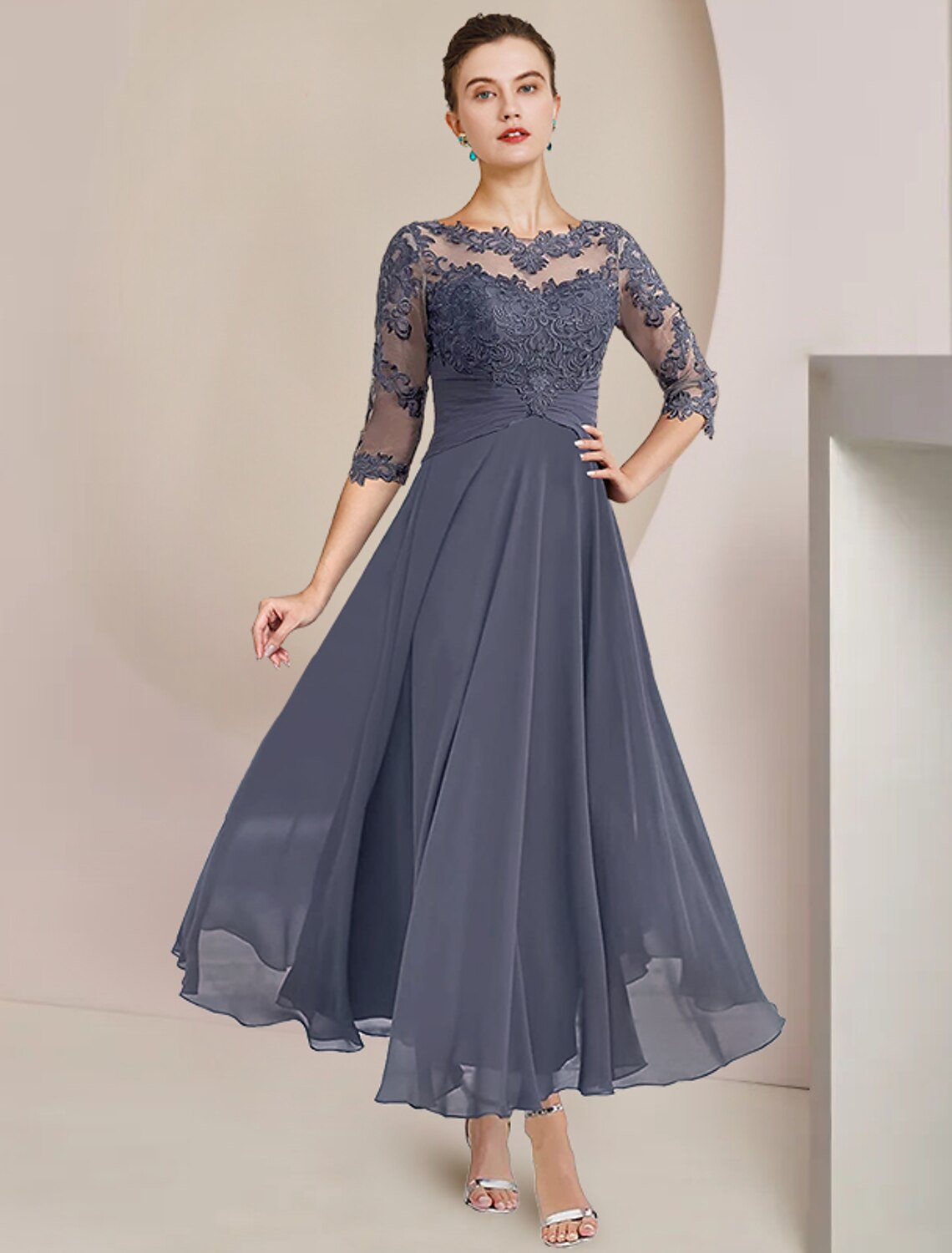 Two Piece A-Line Mother of the Bride Dress Formal Wedding Guest Elegant Scoop Neck Tea Length 3/4 Length Sleeve Wrap Included with Appliques Ruching