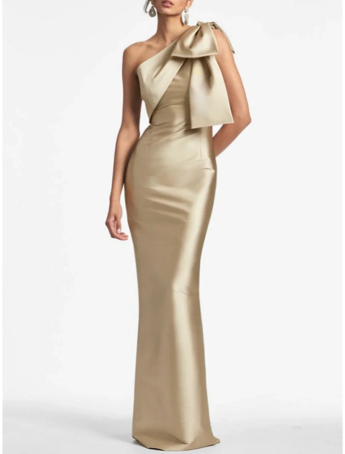 Black Mermaid Party Dress Evening Gown Champagne Elegant Dress Formal Fall Ankle Length Sleeveless One Shoulder with Bow(s) Slit