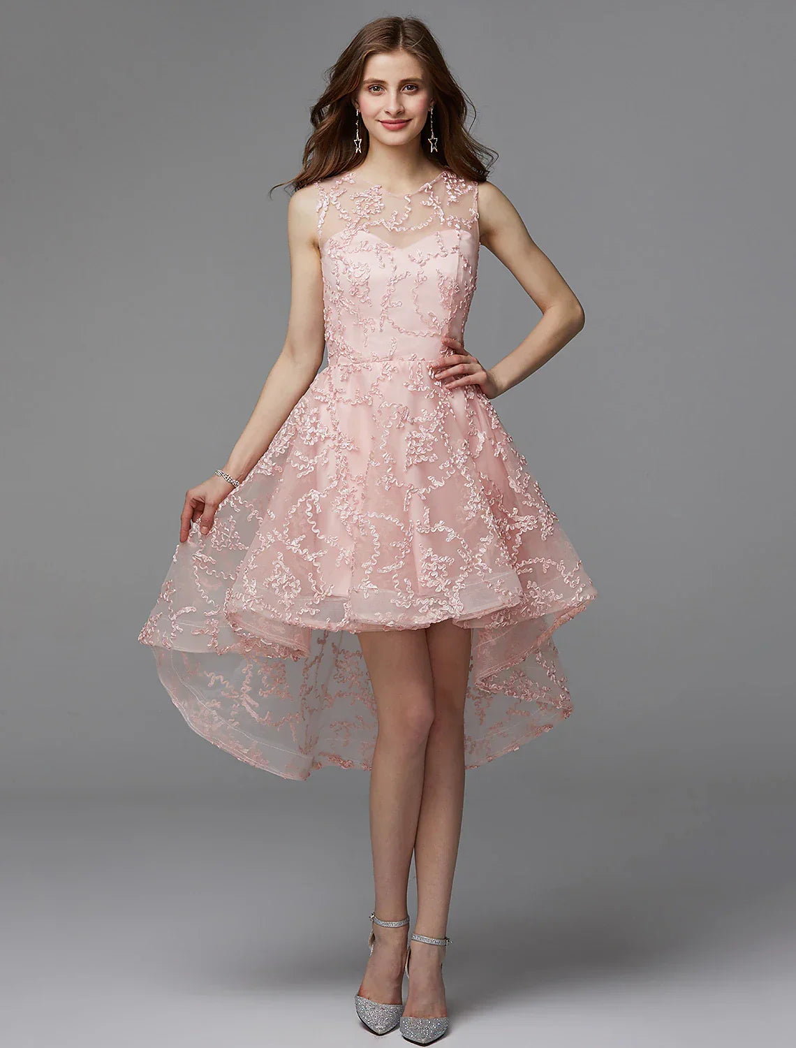 Hot Dress Wedding Guest Cocktail Party Asymmetrical Sleeveless Illusion Neck with Appliques