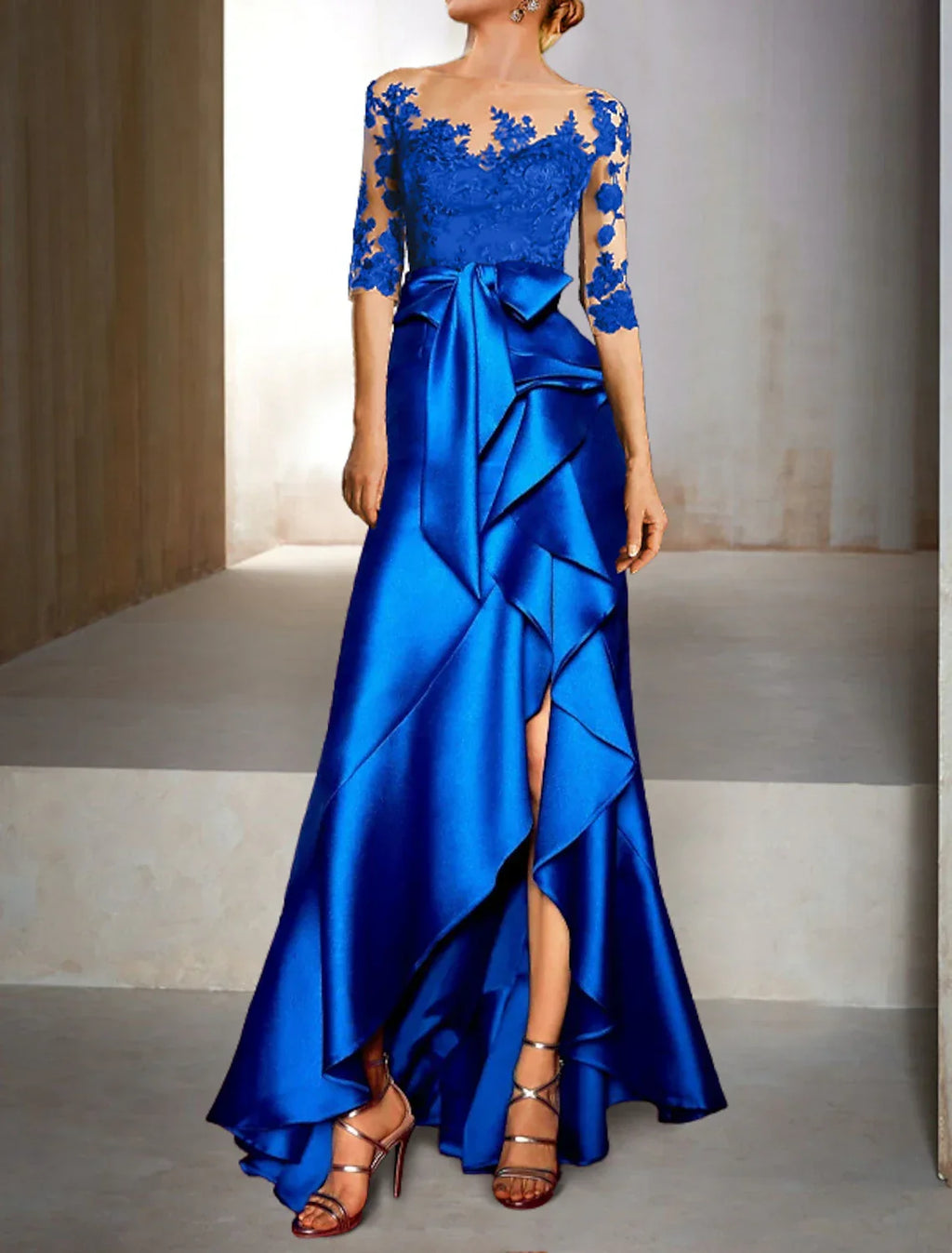 Mermaid / Trumpet Evening Gown Floral Dress Wedding Guest Fall Asymmetrical Half Sleeve Jewel Neck with Bow(s) Appliques