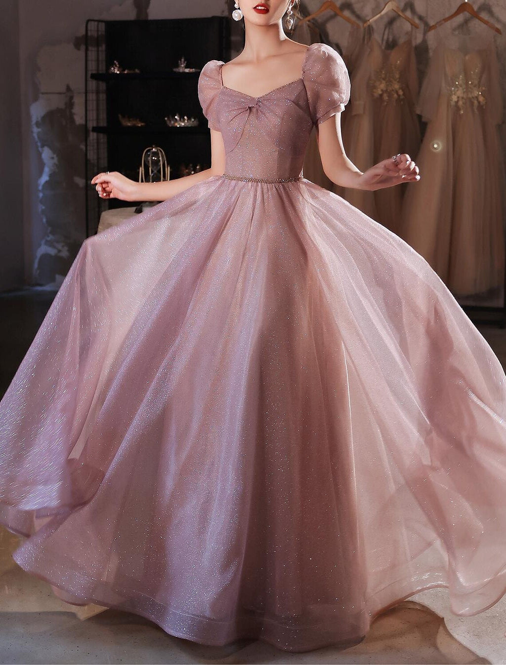 Back Elegant Prom Formal Evening Birthday Dress Sweetheart Neckline Short Sleeve Floor Length with Beading