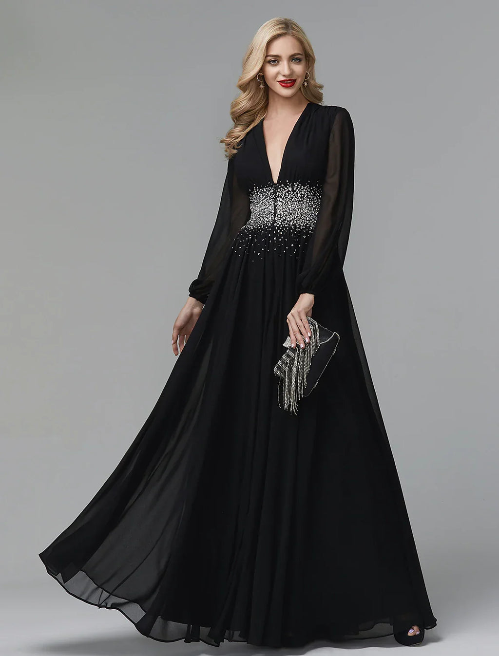 Black Evening Dress Celebrity Red Carpet Formal Gown Tie Wedding Guest Floor Length Long Sleeve V Neck