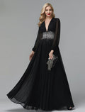 Black Evening Dress Celebrity Red Carpet Formal Gown Party Dress Tie Wedding Guest Floor Length Long Sleeve V Neck