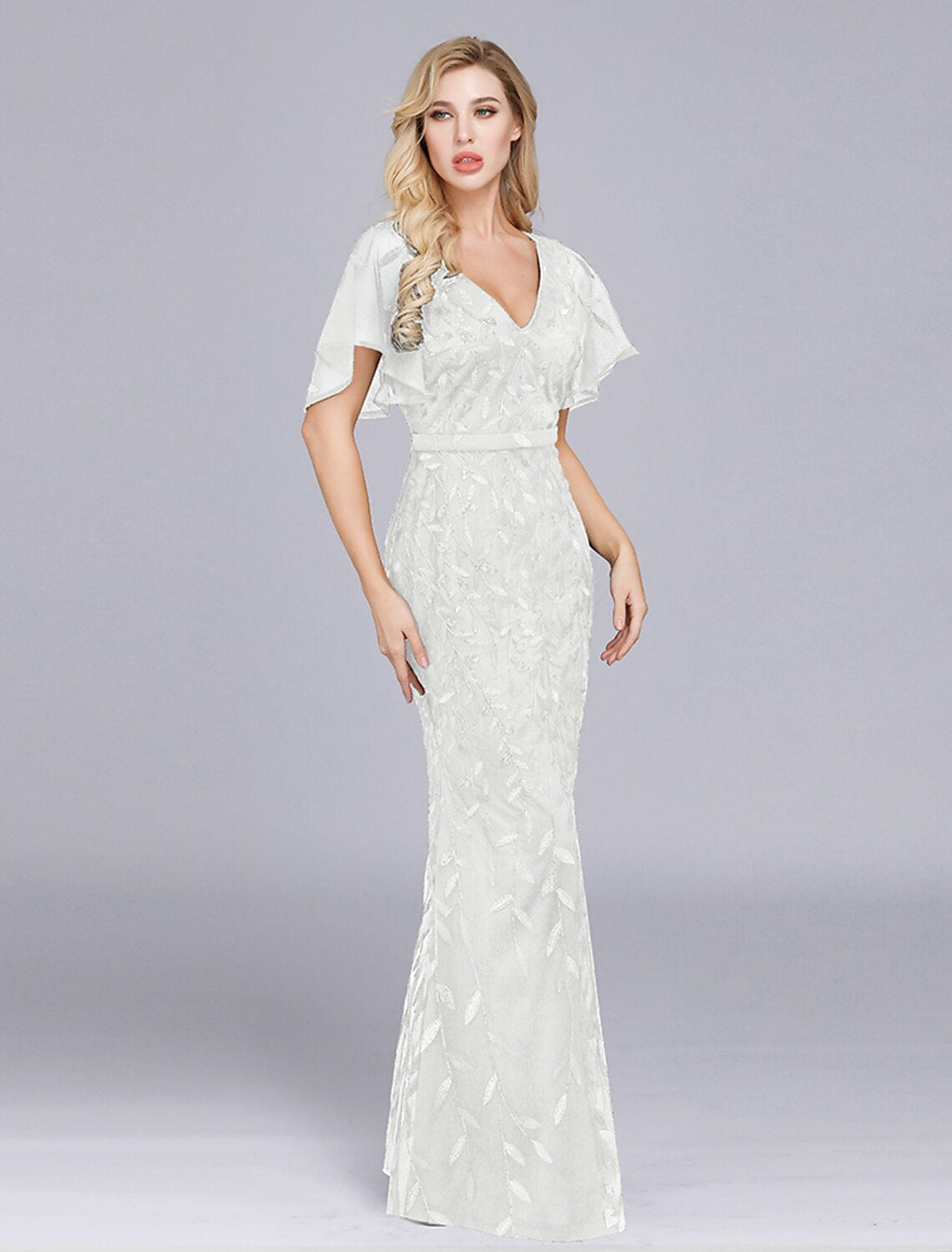 Mermaid / Trumpet Evening Gown Empire Dress Party Wear Floor Length Short Sleeve Jewel Neck with Ruffles Embroidery
