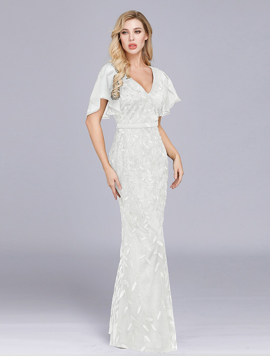 Mermaid / Trumpet Evening Gown Empire Dress Party Wear Floor Length Short Sleeve Jewel Neck with Ruffles Embroidery