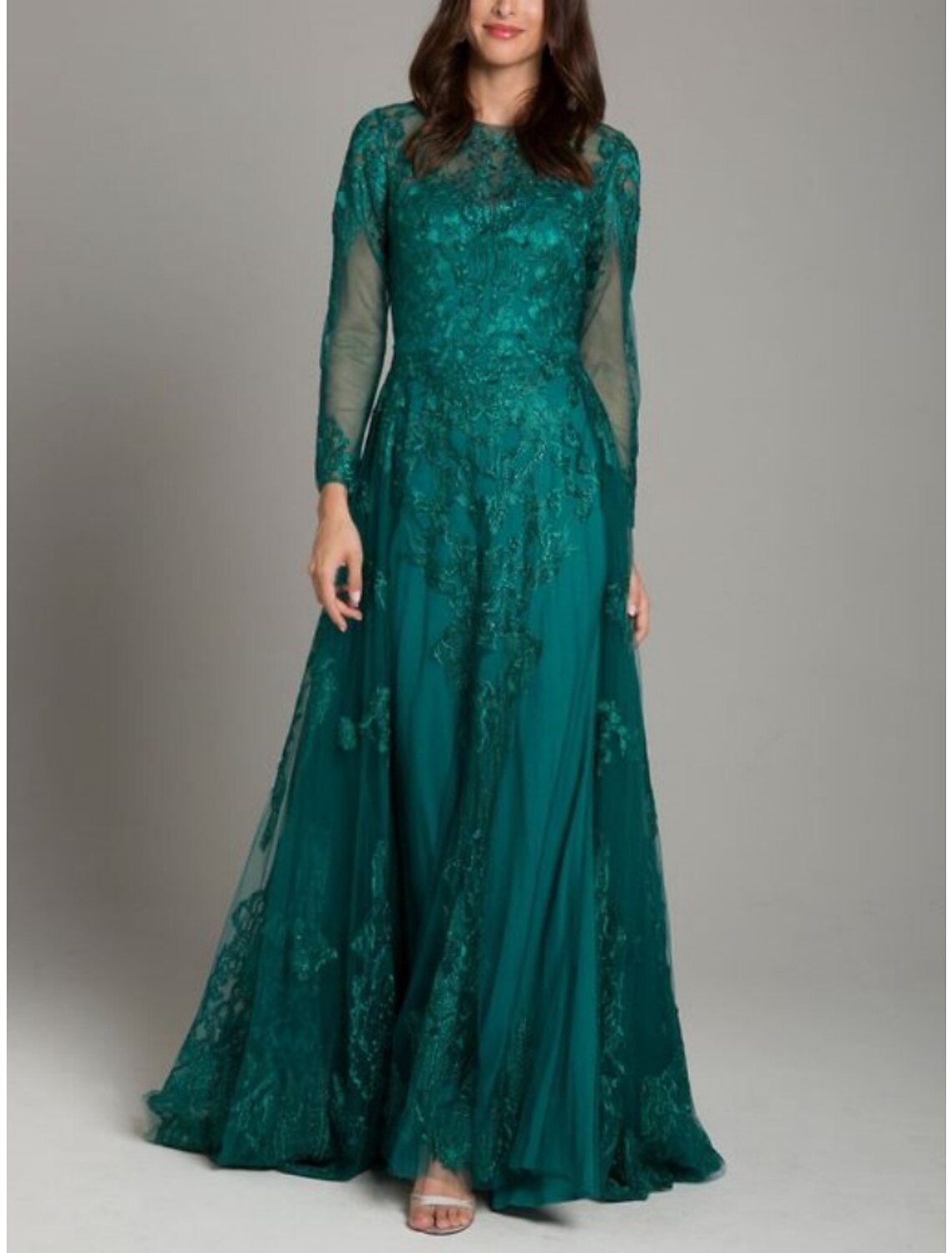 Mother of the Bride Dress Wedding Guest Elegant Jewel Neck Floor Length Long Sleeve with Ruching Solid Color