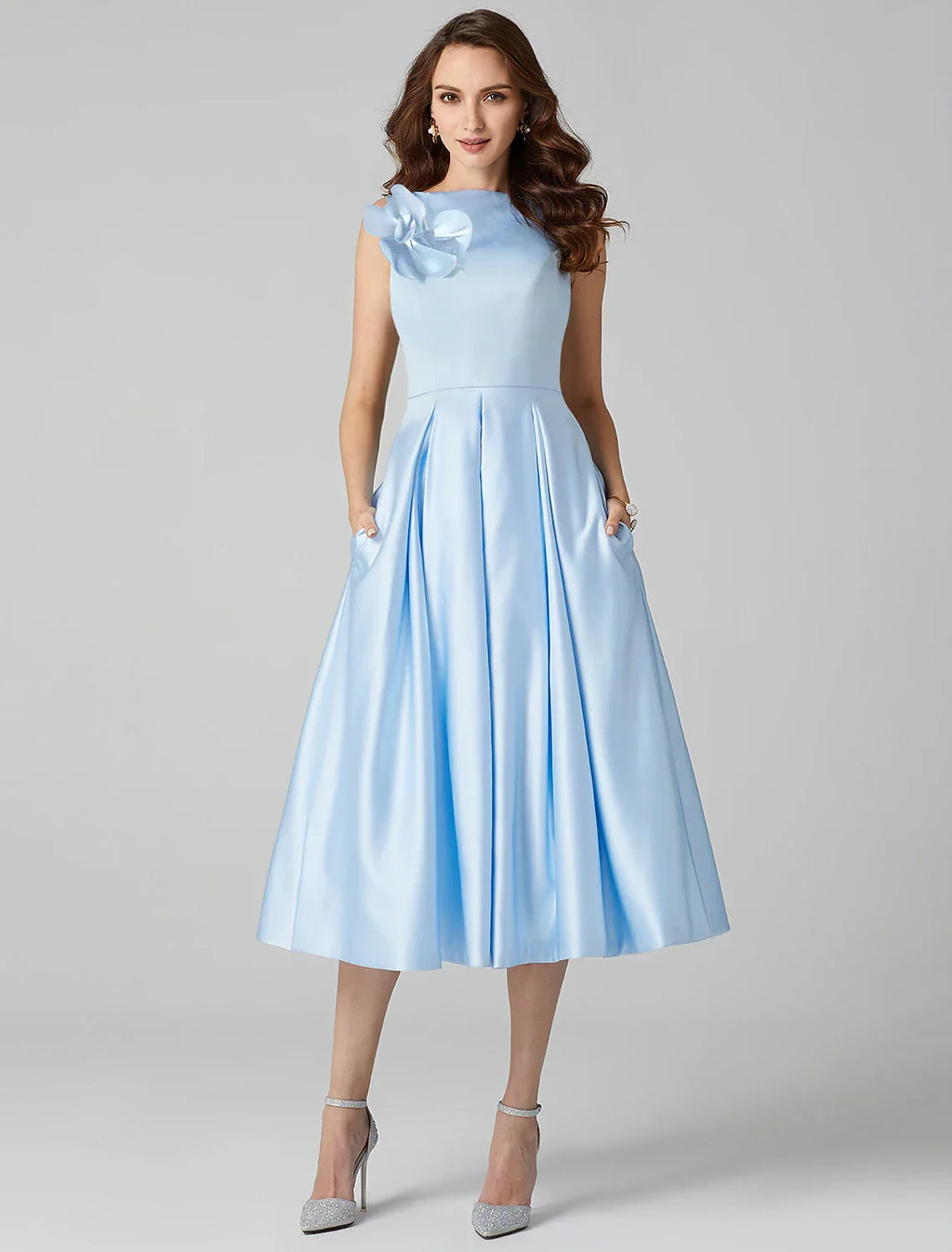 Cocktail Dresses Party Dress Formal Wedding Guest Tea Length Sleeveless Jewel Neck Pocket with Pleats Shouder Flower
