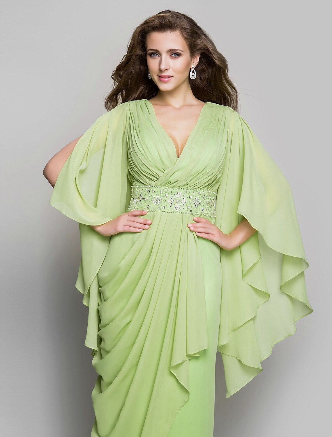 Wedding Guest Floor Length Long Sleeve V Neck V Back Crystals Side Draping