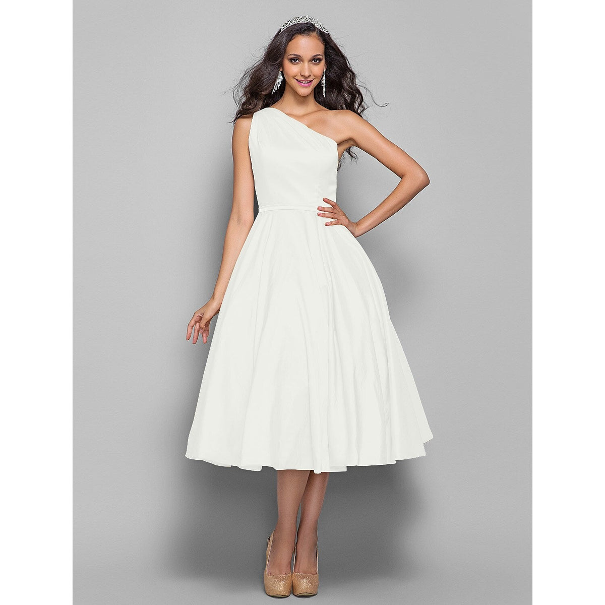 Minimalist Elegant Cocktail Party Wedding Party Dress One Shoulder Sleeveless Tea Length Taffeta with Sash / Ribbon