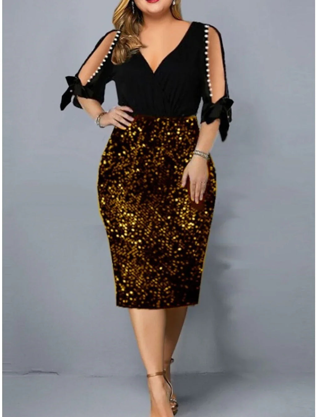 Sheath / Column Party Dresses Sparkle & Shine Dress Party Wear Fall Tea Length Half Sleeve V Neck with Glitter Bow(s)