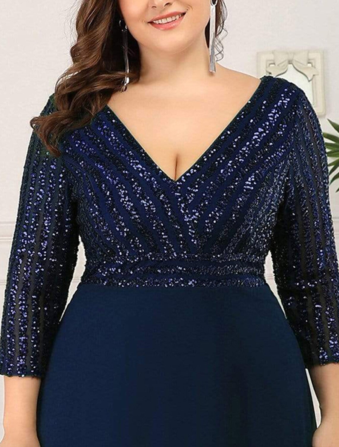 Evening Gown Plus Size Dress Wedding Guest Floor Length Length Sleeve V Neck V Back