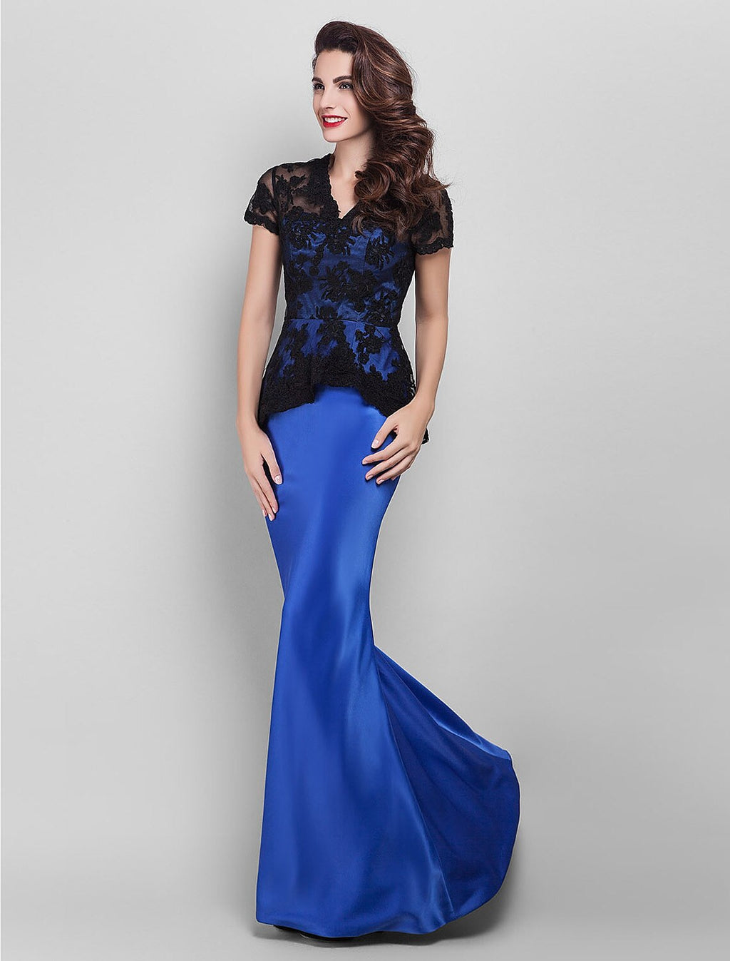 Holiday Cocktail Party Prom Dress V Neck Short Sleeve Floor Length with Appliques