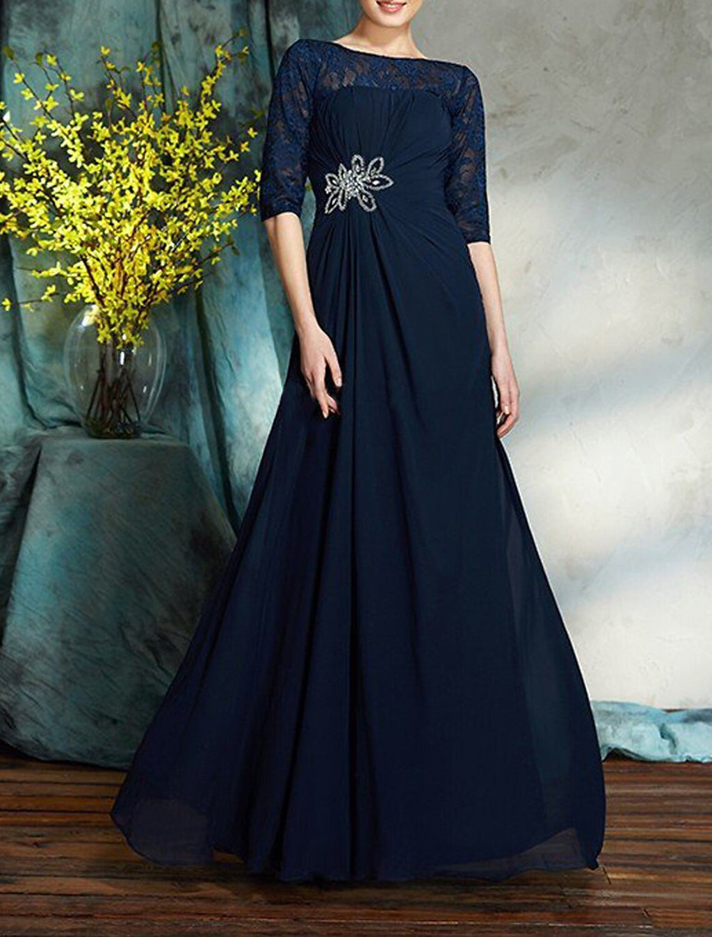 Mother of the Bride Dress Wedding Guest Elegant Scoop Neck Floor Length Half Sleeve with Crystals Ruching