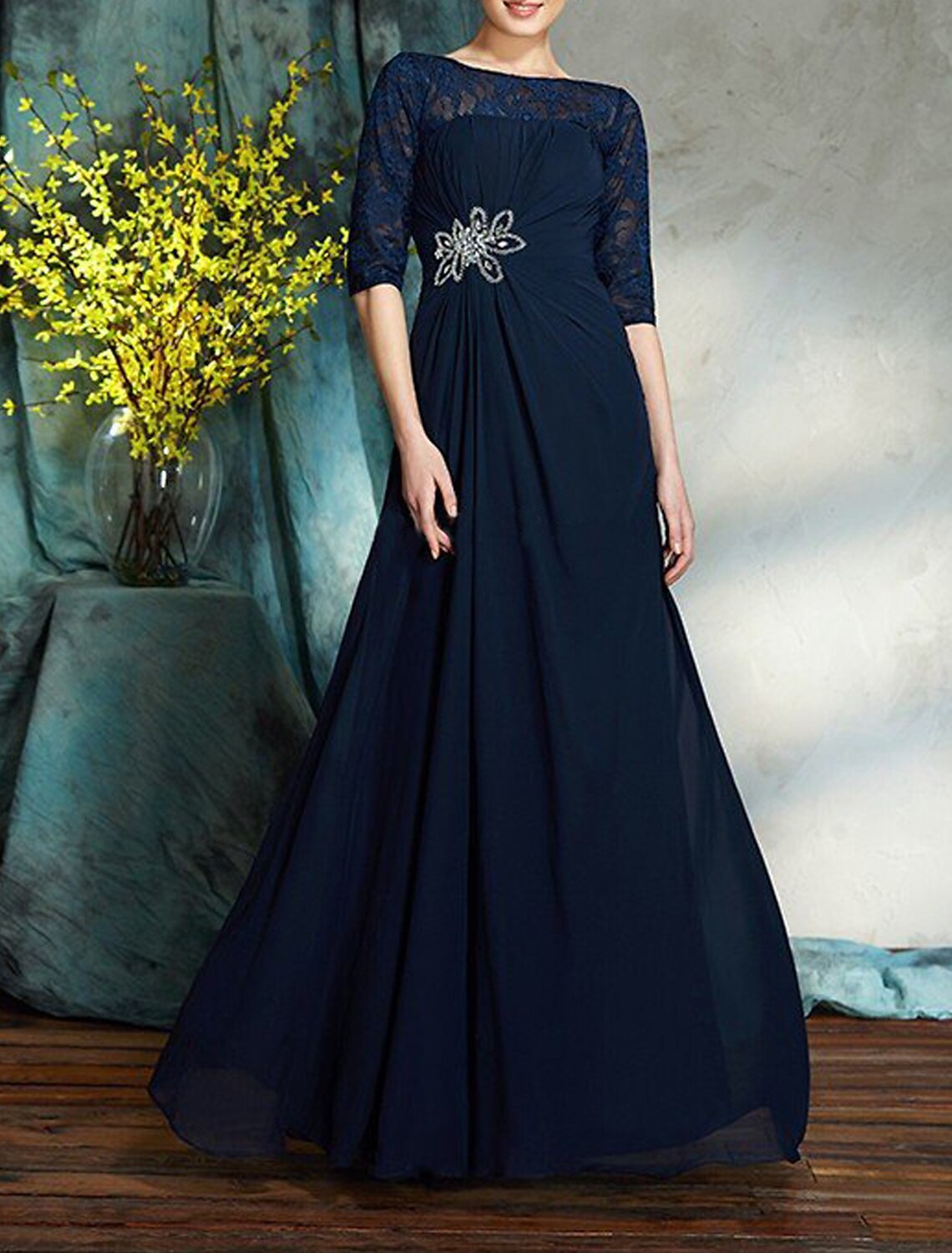Mother of the Bride Dress Wedding Guest Elegant Scoop Neck Floor Length Half Sleeve with Crystals Ruching