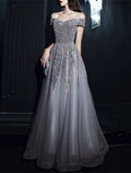 Sparkle & Shine Dress Formal Wedding Guest Floor Length Short Sleeve Off Shoulder