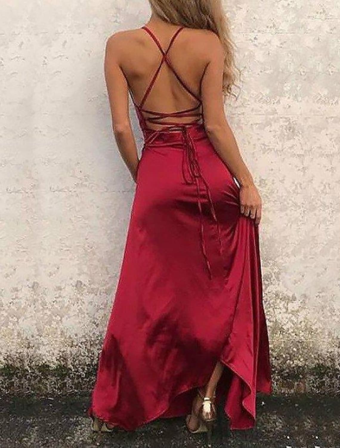 Back Sexy High Split Engagement Prom Formal Evening Dress Strap Sleeveless Floor Length with Ruffles Slit