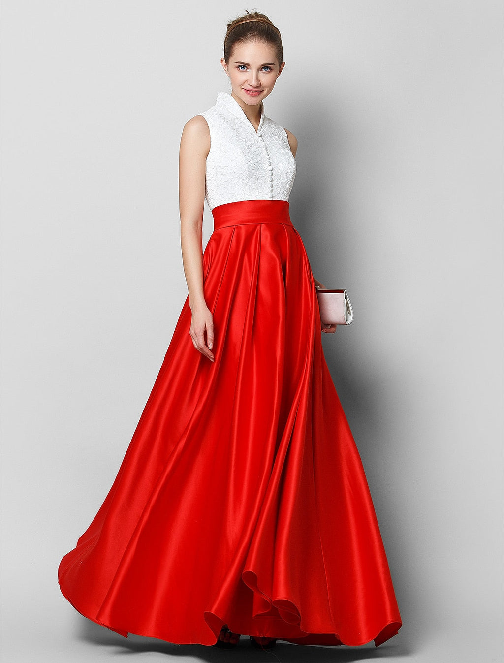 Black & Luxurious Color Block Formal Evening Tie Gala Dress High Neck Sleeveless Floor Length with Pleats
