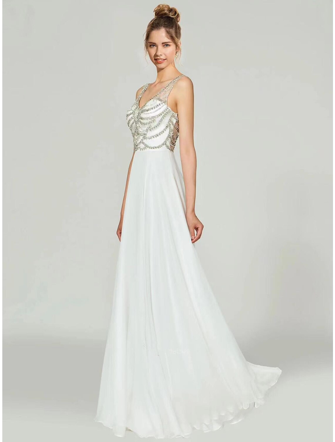 Evening Gown Beautiful Back Dress Wedding Guest Floor Length Sleeveless High Neck with Appliques